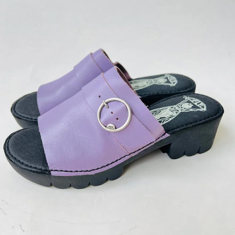 Fly London Leather chunky heels sandals, Eple Violet, Size 40